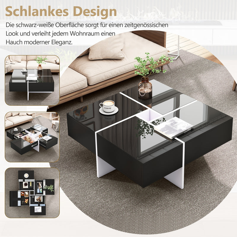 Table basse carrée noir brillant et blanc avec 4 tiroirs 70x70x35cm SUBSTRATE