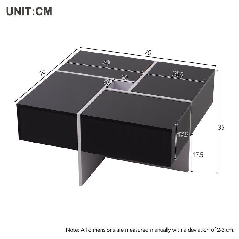 Table basse carrée noir brillant et blanc avec 4 tiroirs 70x70x35cm SUBSTRATE