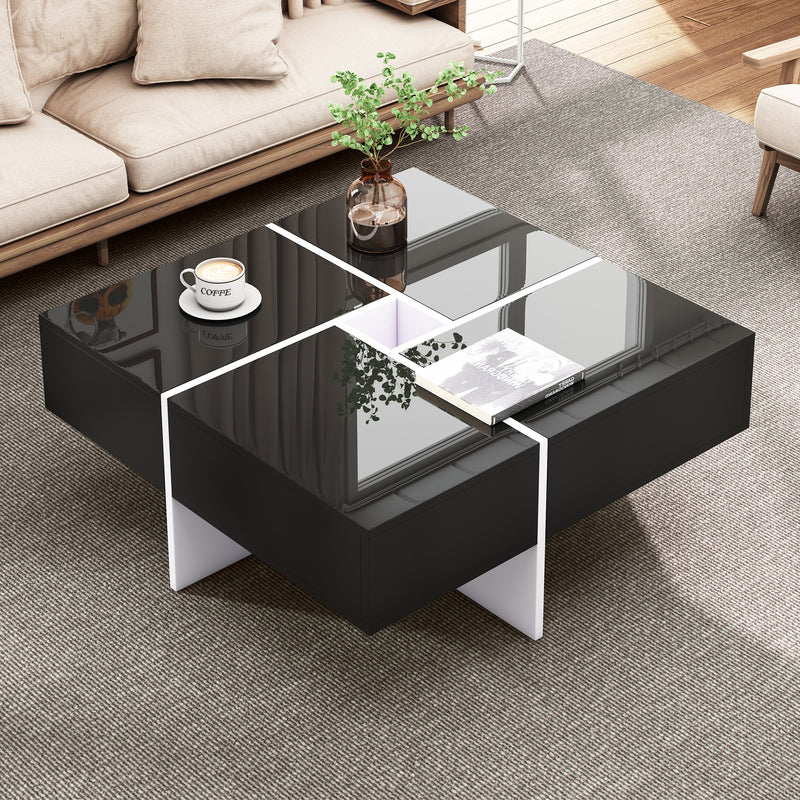Table basse carrée noir brillant et blanc avec 4 tiroirs 70x70x35cm SUBSTRATE