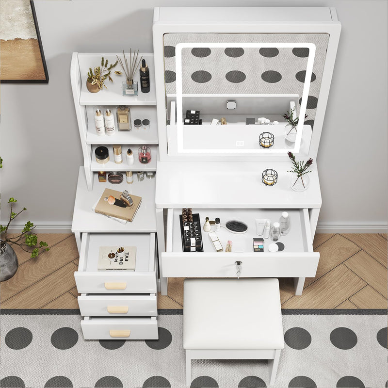 Coiffeuse blanche avec miroir LED à 3 couleurs, rangement latéral et 4 tiroirs, tabouret inclus SYMBIOSOM