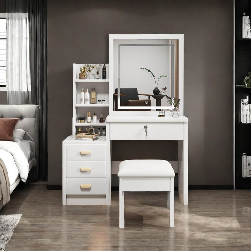 Coiffeuse blanche avec miroir LED à 3 couleurs, rangement latéral et 4 tiroirs, tabouret inclus SYMBIOSOM
