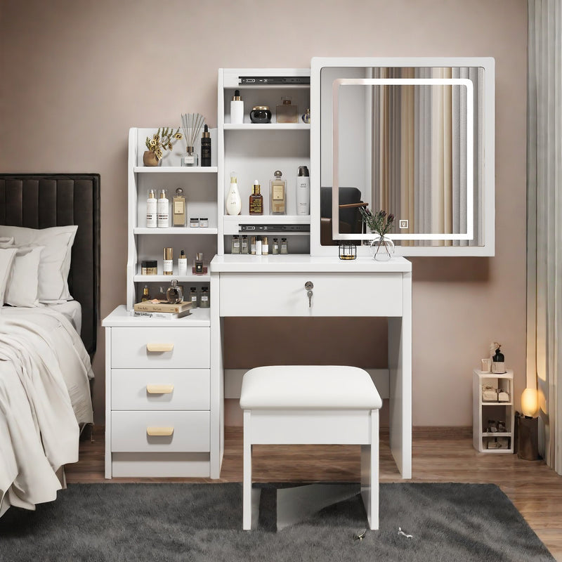 Coiffeuse blanche avec miroir LED à 3 couleurs, rangement latéral et 4 tiroirs, tabouret inclus SYMBIOSOM
