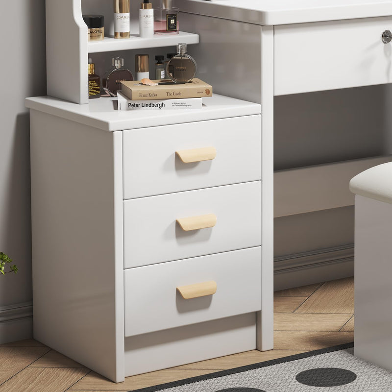 Coiffeuse blanche avec miroir LED à 3 couleurs, rangement latéral et 4 tiroirs, tabouret inclus SYMBIOSOM