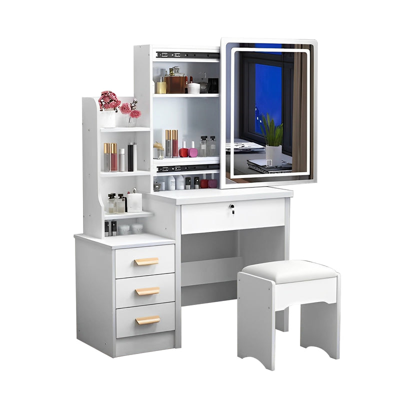 Coiffeuse blanche avec miroir LED à 3 couleurs, rangement latéral et 4 tiroirs, tabouret inclus SYMBIOSOM