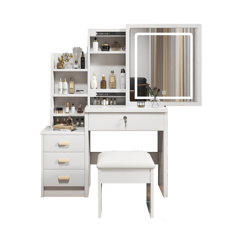 Coiffeuse blanche avec miroir LED à 3 couleurs, rangement latéral et 4 tiroirs, tabouret inclus SYMBIOSOM