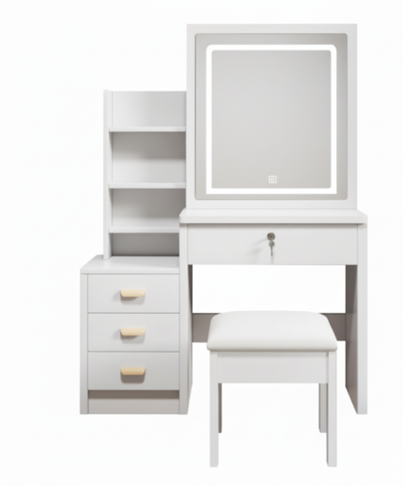 Coiffeuse blanche avec miroir LED à 3 couleurs, rangement latéral et 4 tiroirs, tabouret inclus SYMBIOSOM