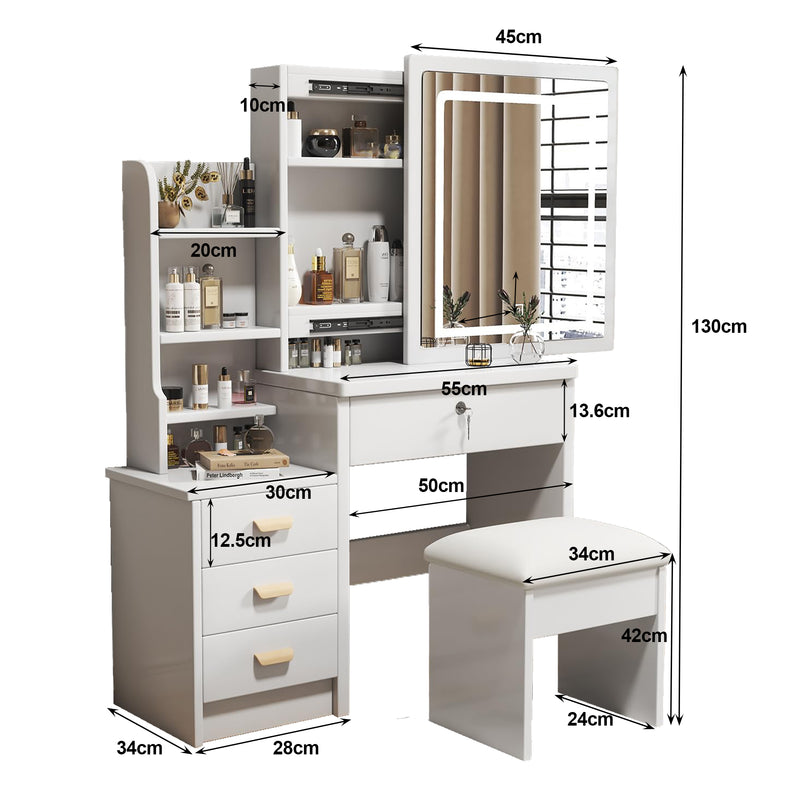 Coiffeuse blanche avec miroir LED à 3 couleurs, rangement latéral et 4 tiroirs, tabouret inclus SYMBIOSOM