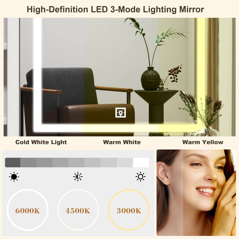 Coiffeuse blanche avec miroir LED à 3 couleurs, rangement latéral et 4 tiroirs, tabouret inclus SYMBIOSOM