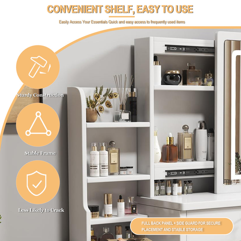 Coiffeuse blanche avec miroir LED à 3 couleurs, rangement latéral et 4 tiroirs, tabouret inclus SYMBIOSOM