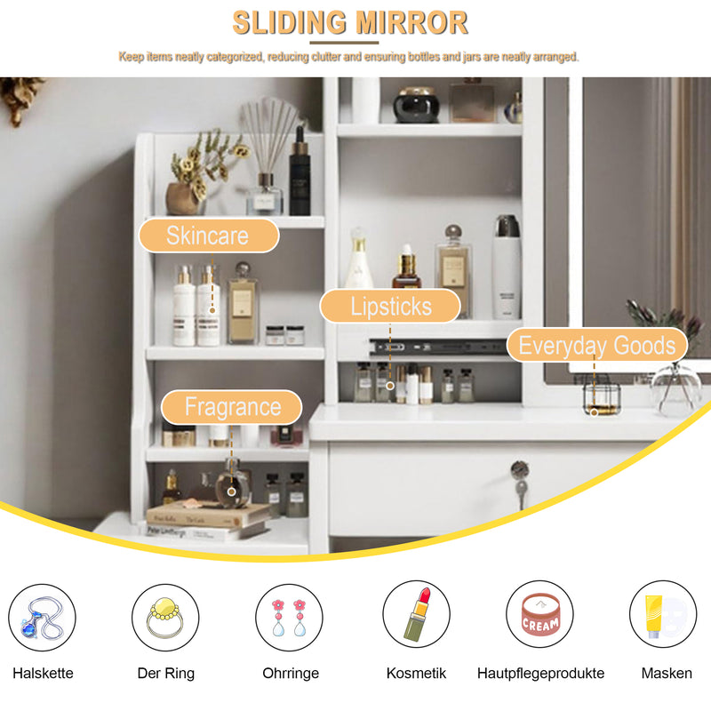 Coiffeuse blanche avec miroir LED à 3 couleurs, rangement latéral et 4 tiroirs, tabouret inclus SYMBIOSOM