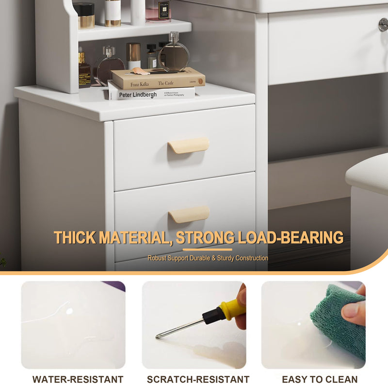 Coiffeuse blanche avec miroir LED à 3 couleurs, rangement latéral et 4 tiroirs, tabouret inclus SYMBIOSOM