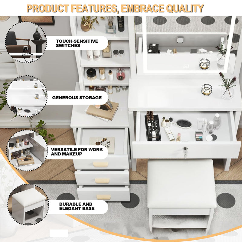Coiffeuse blanche avec miroir LED à 3 couleurs, rangement latéral et 4 tiroirs, tabouret inclus SYMBIOSOM