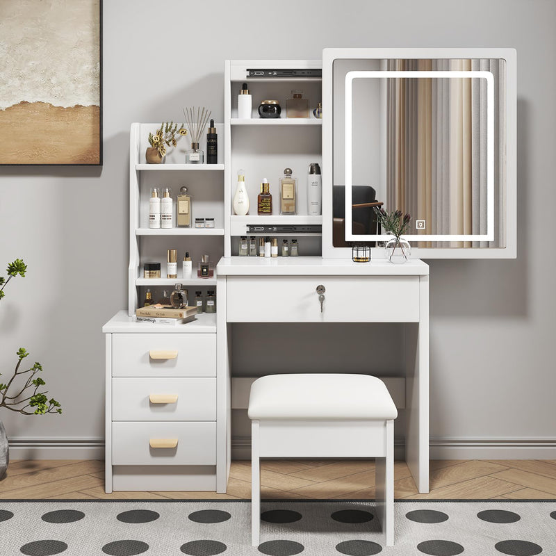 Coiffeuse blanche avec miroir LED à 3 couleurs, rangement latéral et 4 tiroirs, tabouret inclus SYMBIOSOM