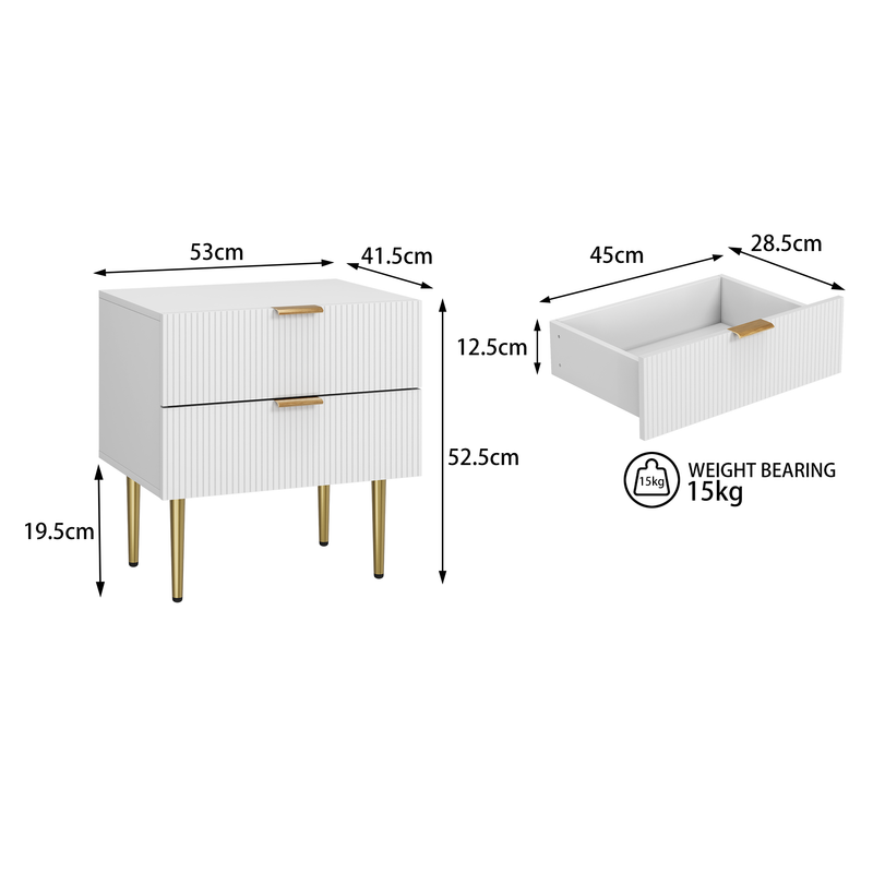 Table de chevet blanche avec 2 tiroirs rainurés pieds dorés THRIHERS
