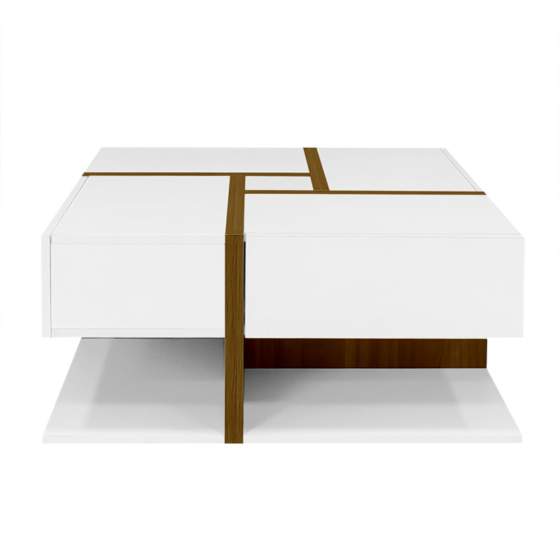 Table basse carrée blanche brillante avec 4 tiroirs et design géométrique 78*78*34,8 cm THURLUNS