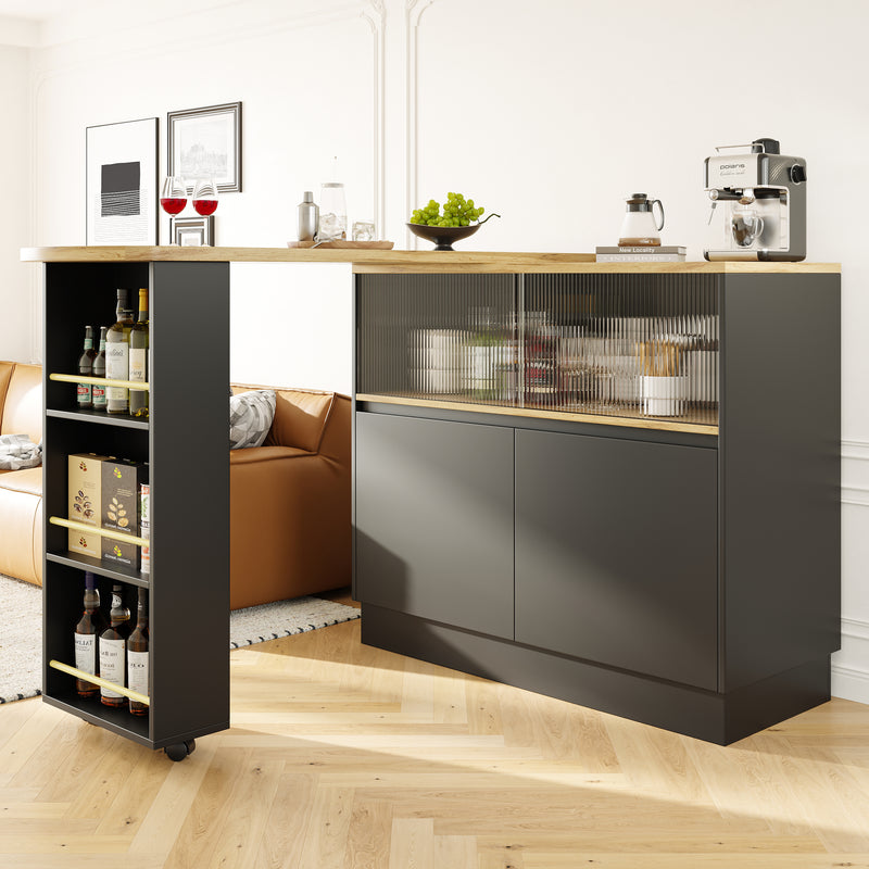 Table de bar effet bois et noir rotatif à 360° rangement avec verre ondulé TINPLATE