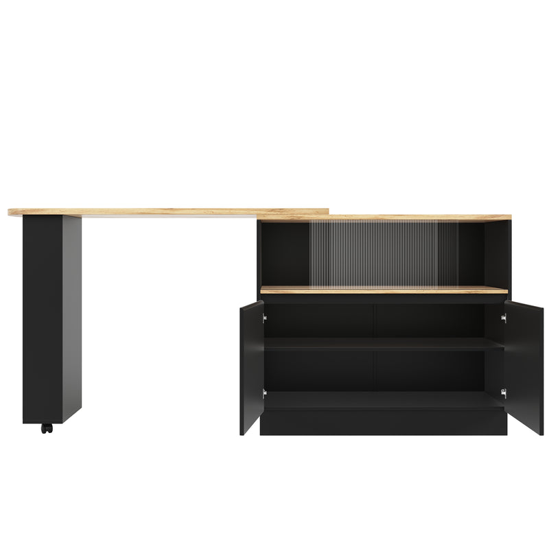 Table de bar effet bois et noir rotatif à 360° rangement avec verre ondulé TINPLATE