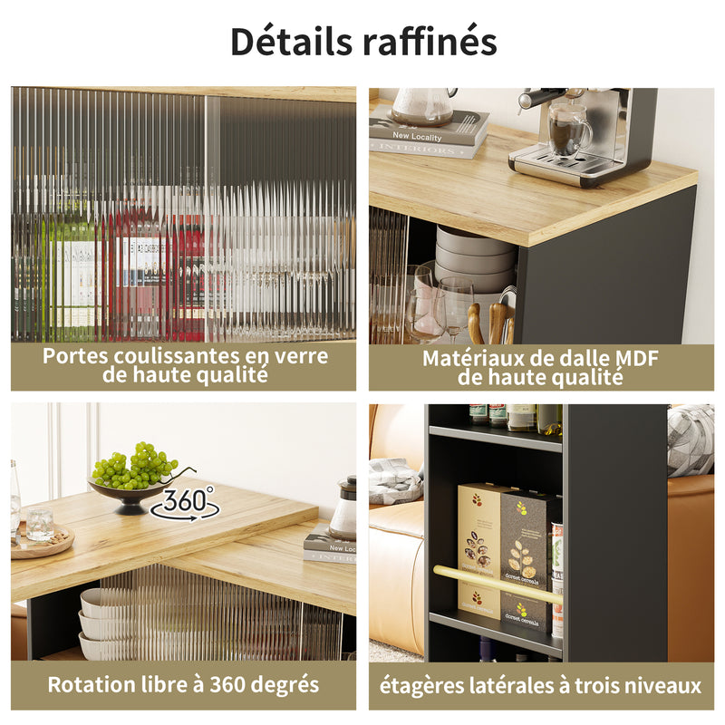 Table de bar effet bois et noir rotatif à 360° rangement avec verre ondulé TINPLATE