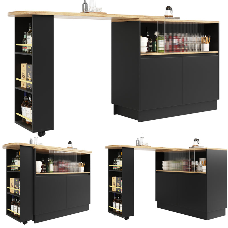 Table de bar effet bois et noir rotatif à 360° rangement avec verre ondulé TINPLATE