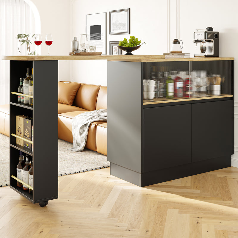 Table de bar effet bois et noir rotatif à 360° rangement avec verre ondulé TINPLATE