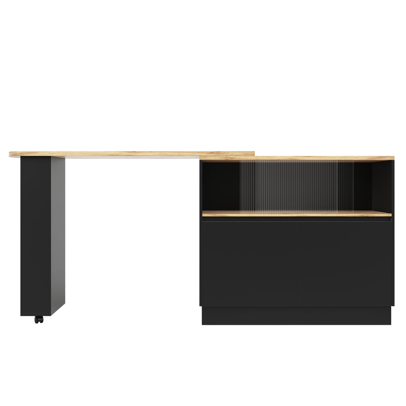 Table de bar effet bois et noir rotatif à 360° rangement avec verre ondulé TINPLATE