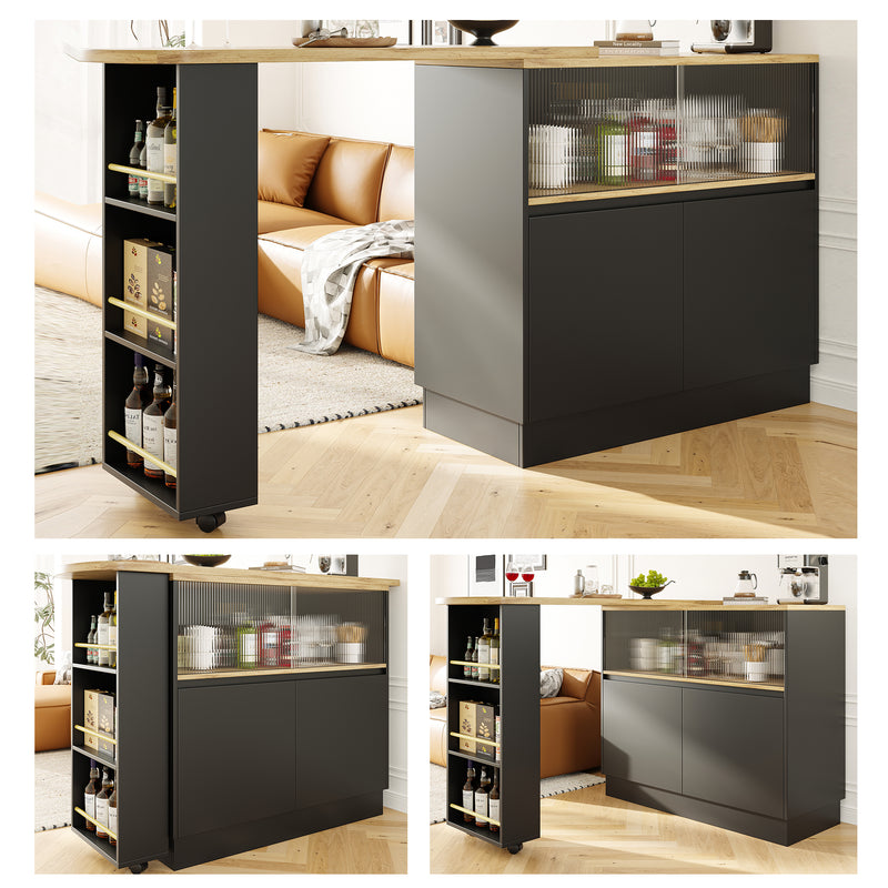 Table de bar effet bois et noir rotatif à 360° rangement avec verre ondulé TINPLATE