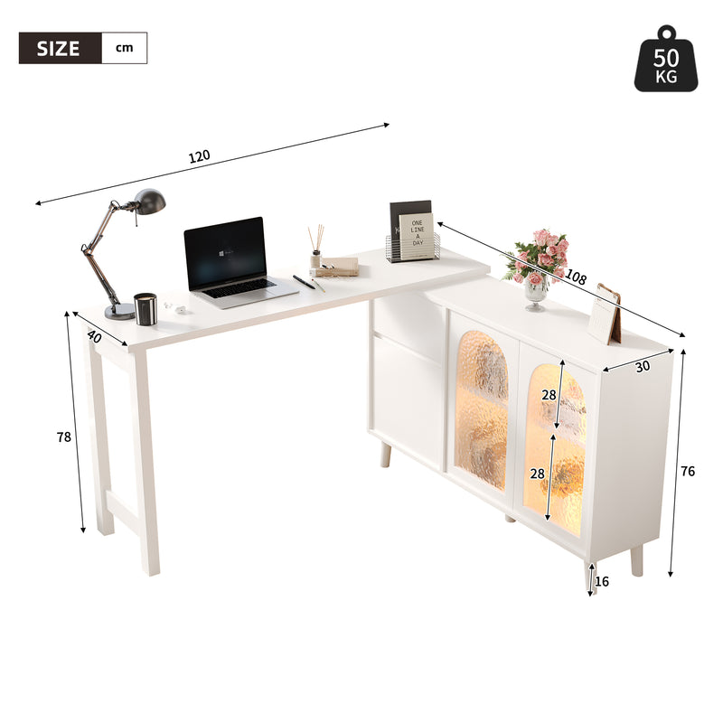 Bureau rétratable blanc 360° avec armoire vitrine acrylique et éclairage LED TOPAZFACET