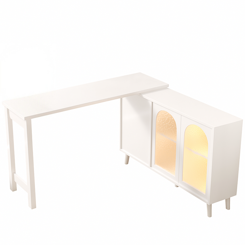 Bureau rétratable blanc 360° avec armoire vitrine acrylique et éclairage LED TOPAZFACET