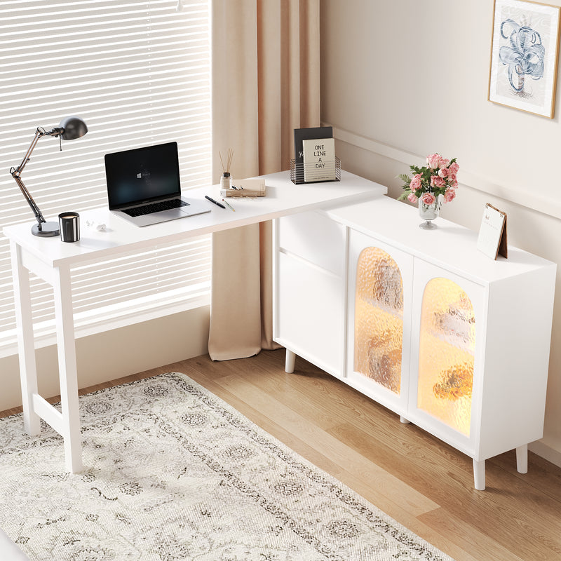 Bureau rétratable blanc 360° avec armoire vitrine acrylique et éclairage LED TOPAZFACET