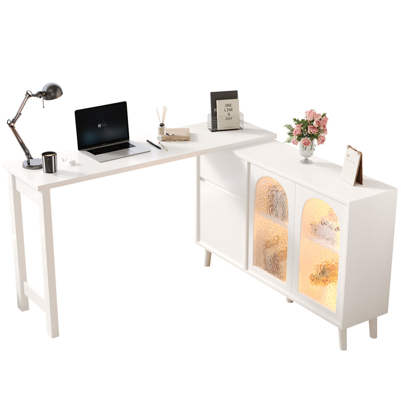 Bureau rétratable blanc 360° avec armoire vitrine acrylique et éclairage LED TOPAZFACET