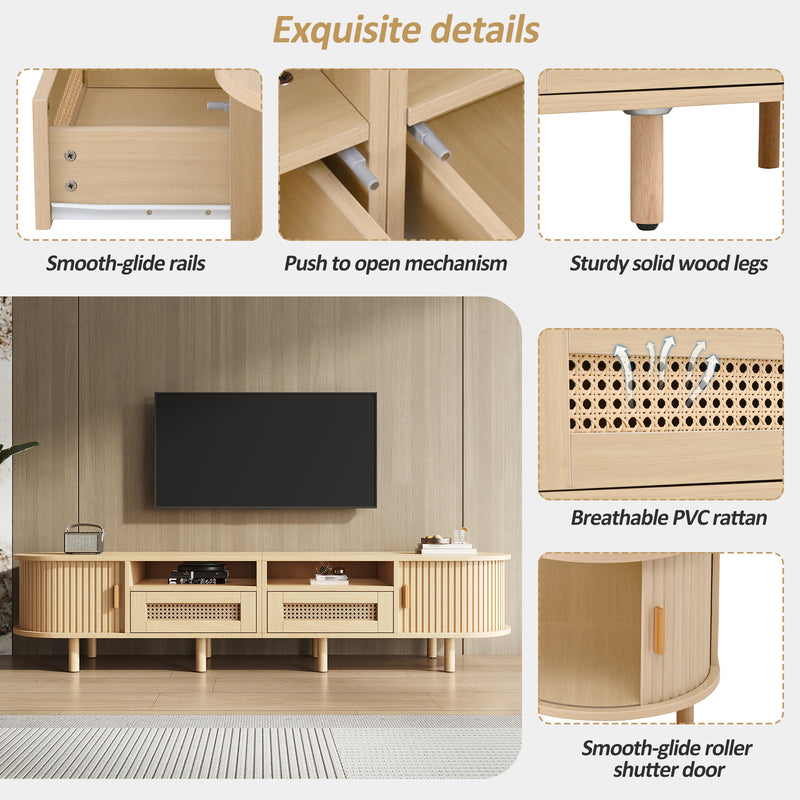 Meuble TV ovale effet bois, 2 portes coulissantes en rotin synthétique et 2 tiroirs TRAUXAID