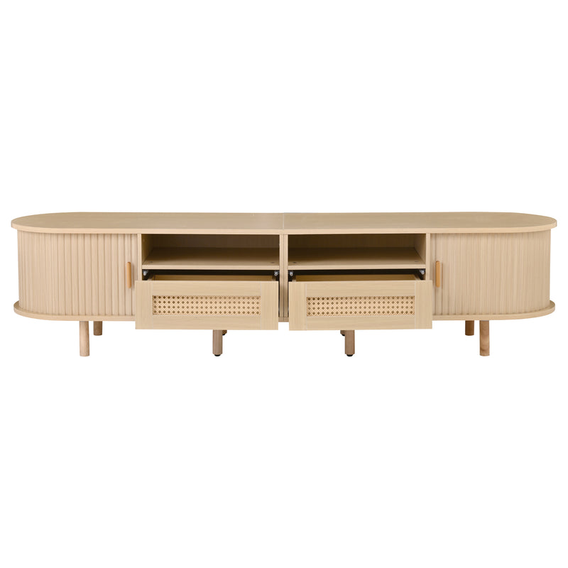 Meuble TV ovale effet bois, 2 portes coulissantes en rotin synthétique et 2 tiroirs TRAUXAID