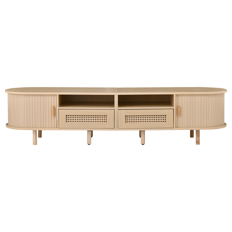 Meuble TV ovale effet bois, 2 portes coulissantes en rotin synthétique et 2 tiroirs TRAUXAID