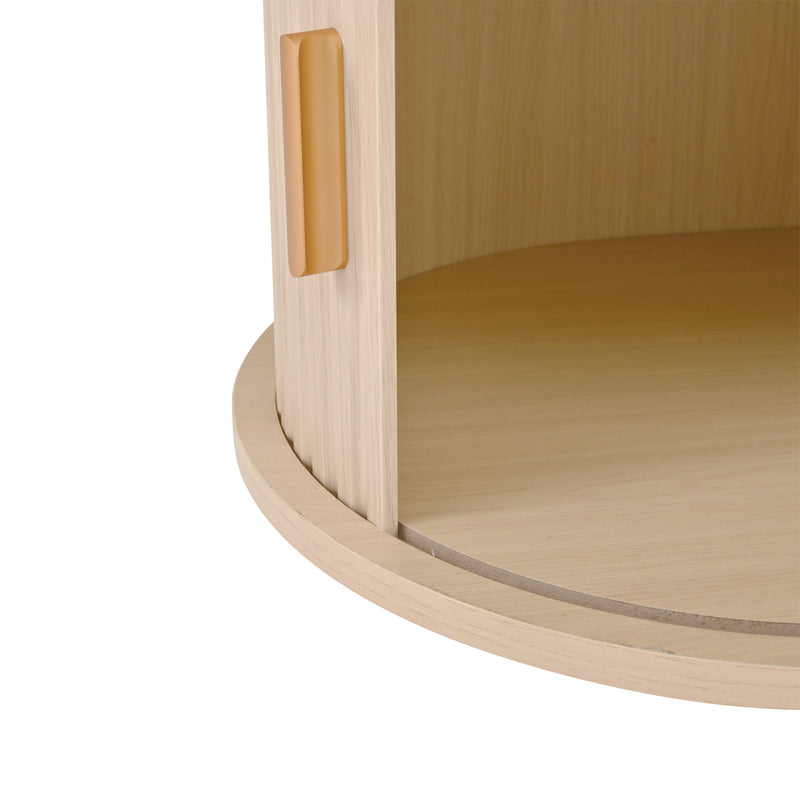 Meuble TV ovale effet bois, 2 portes coulissantes en rotin synthétique et 2 tiroirs TRAUXAID