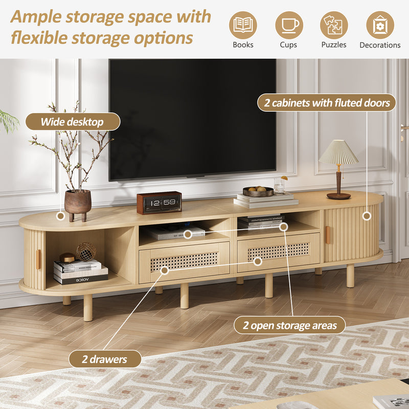 Meuble TV ovale effet bois, 2 portes coulissantes en rotin synthétique et 2 tiroirs TRAUXAID