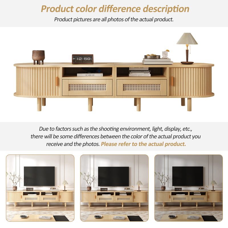 Meuble TV ovale effet bois, 2 portes coulissantes en rotin synthétique et 2 tiroirs TRAUXAID