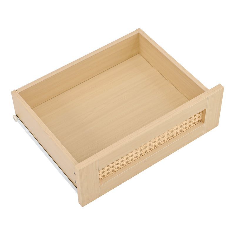 Meuble TV ovale effet bois, 2 portes coulissantes en rotin synthétique et 2 tiroirs TRAUXAID