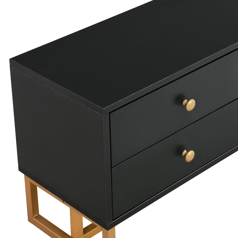 Meuble TV noir avec 4 tiroirs, 2 portes texturés et accents dorés TREGMAL BLACK