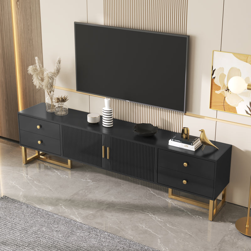 Meuble TV noir avec 4 tiroirs, 2 portes texturés et accents dorés TREGMAL BLACK