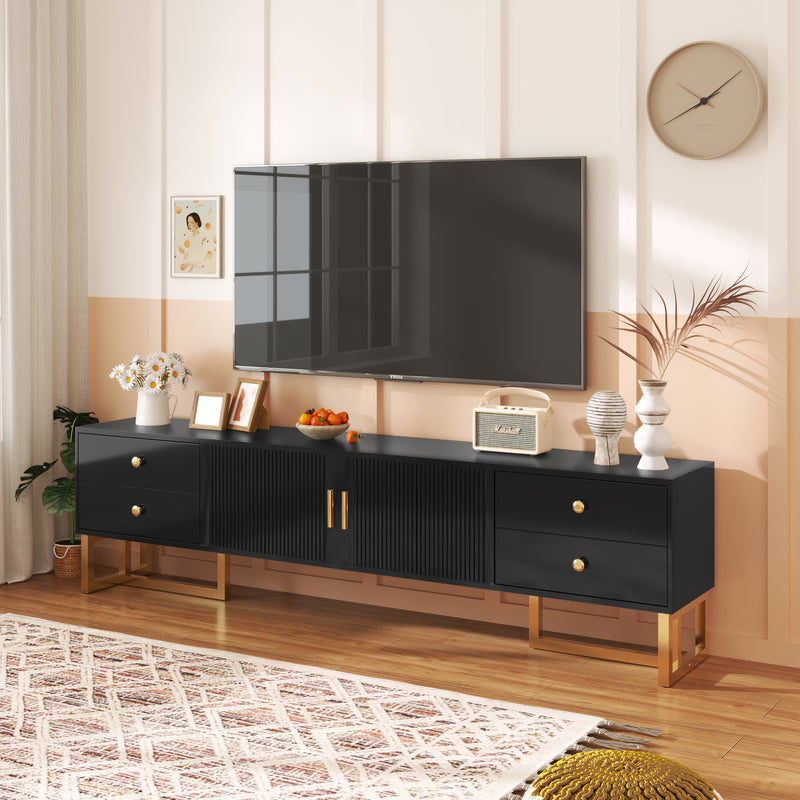 Meuble TV noir avec 4 tiroirs, 2 portes texturés et accents dorés TREGMAL BLACK