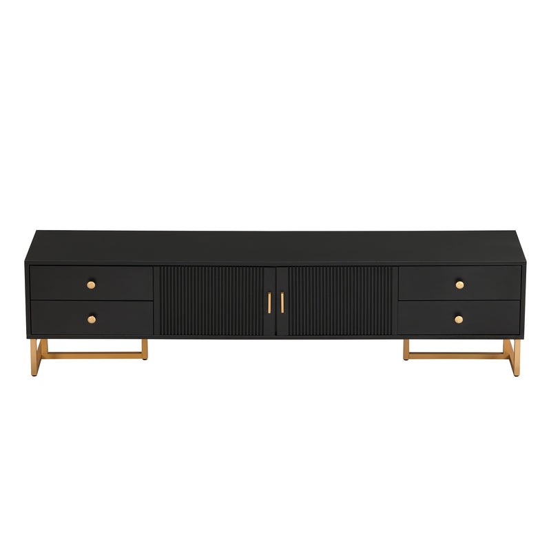 Meuble TV noir avec 4 tiroirs, 2 portes texturés et accents dorés TREGMAL BLACK