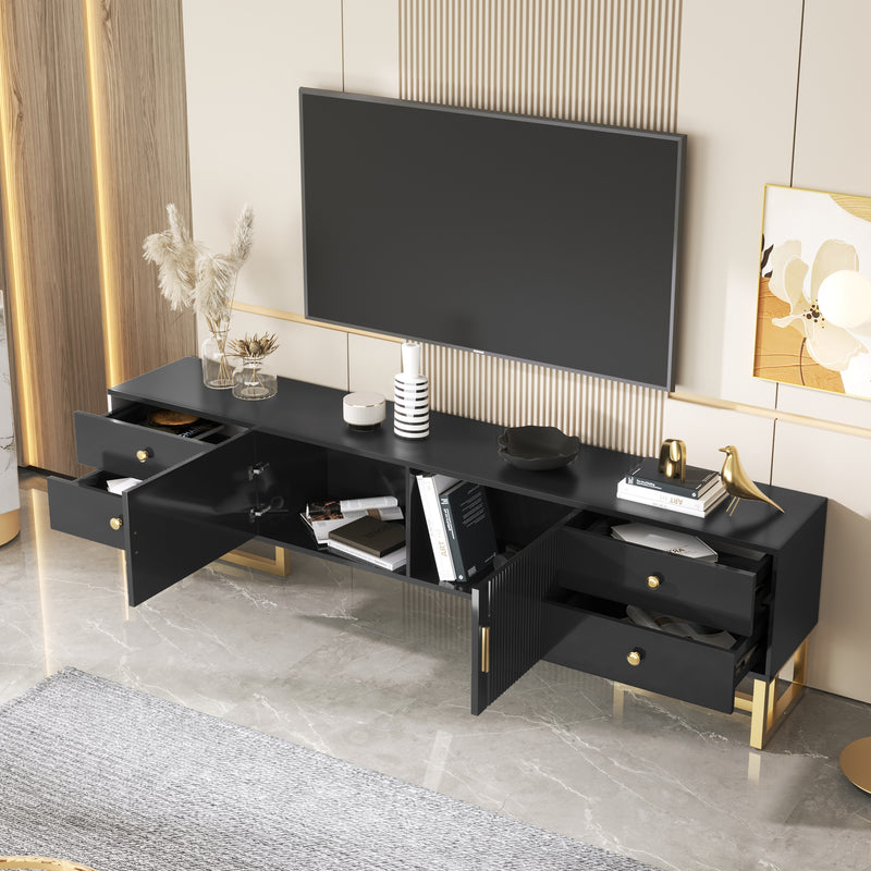 Meuble TV noir avec 4 tiroirs, 2 portes texturés et accents dorés TREGMAL BLACK