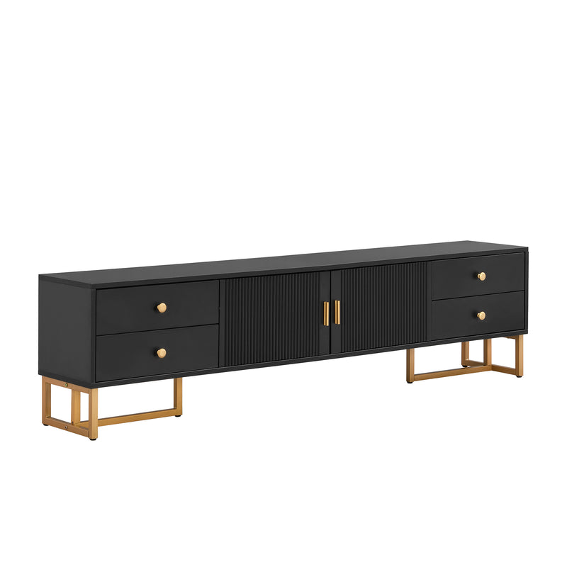 Meuble TV noir avec 4 tiroirs, 2 portes texturés et accents dorés TREGMAL BLACK