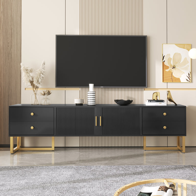 Meuble TV noir avec 4 tiroirs, 2 portes texturés et accents dorés TREGMAL BLACK