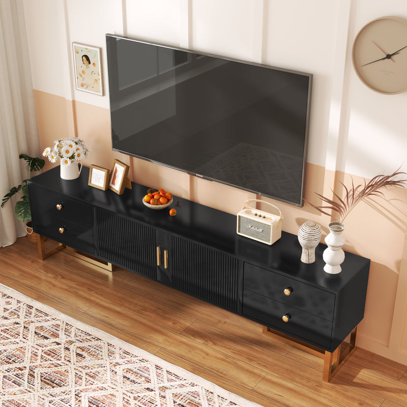 Meuble TV noir avec 4 tiroirs, 2 portes texturés et accents dorés TREGMAL BLACK
