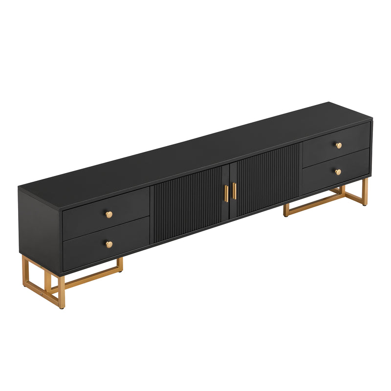 Meuble TV noir avec 4 tiroirs, 2 portes texturés et accents dorés TREGMAL BLACK