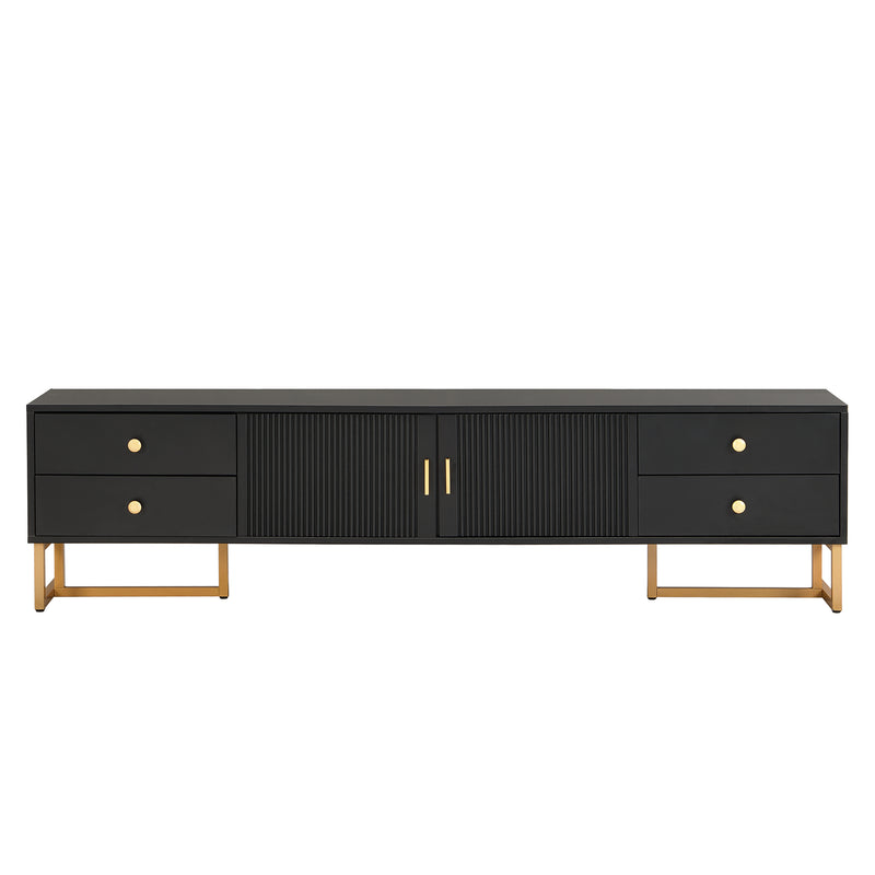 Meuble TV noir avec 4 tiroirs, 2 portes texturés et accents dorés TREGMAL BLACK