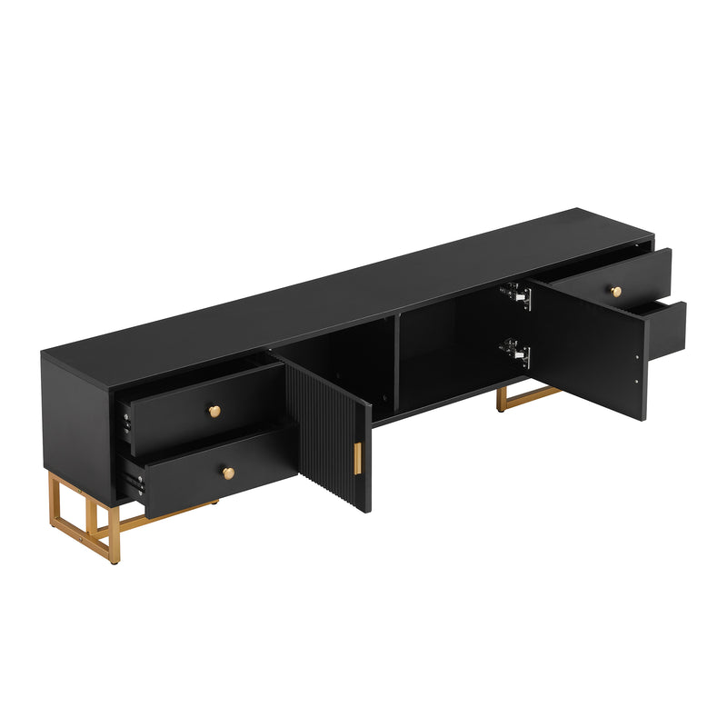 Meuble TV noir avec 4 tiroirs, 2 portes texturés et accents dorés TREGMAL BLACK