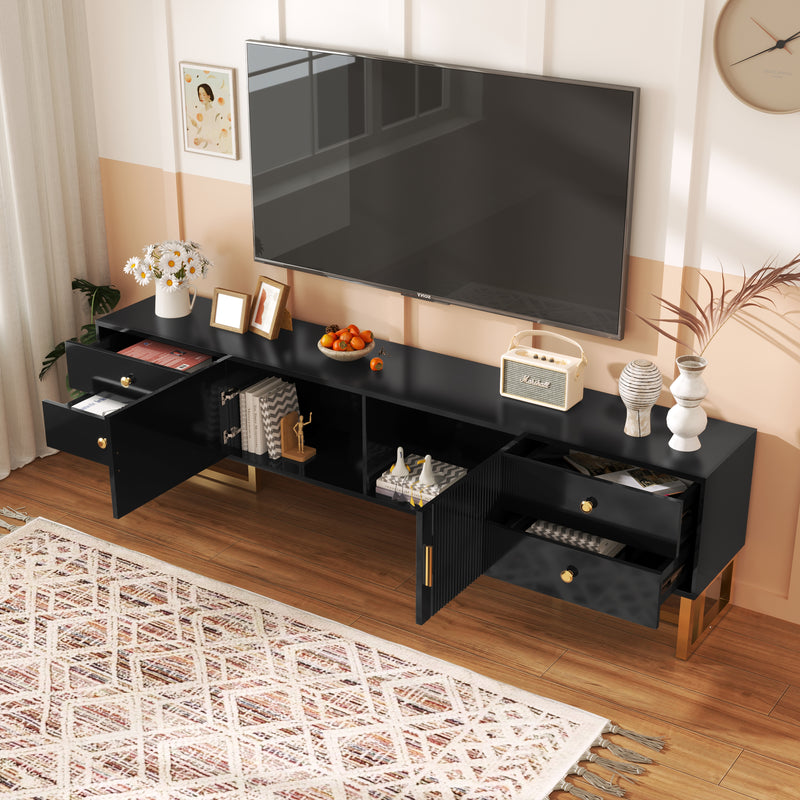 Meuble TV noir avec 4 tiroirs, 2 portes texturés et accents dorés TREGMAL BLACK