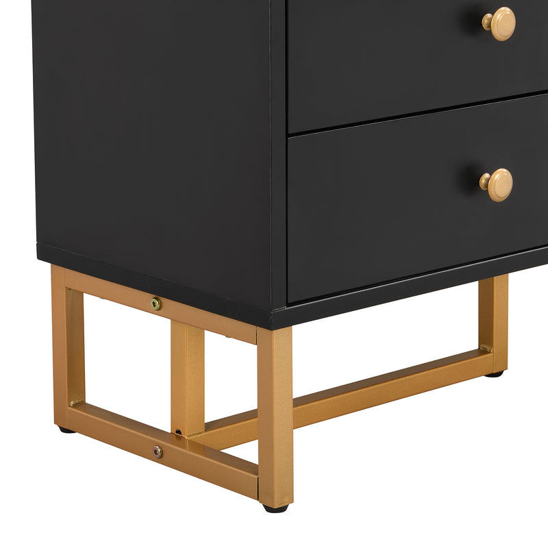 Meuble TV noir avec 4 tiroirs, 2 portes texturés et accents dorés TREGMAL BLACK